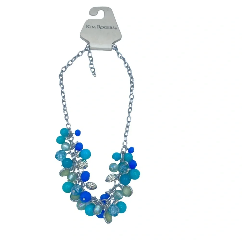 Kim Rogers NWT Aqua blue beaded bib cluster collar necklace silver tone chain
